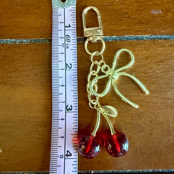 NEW Red Cherry and GoldTone Bow Keychain Bag Charm - Picture 3 of 3